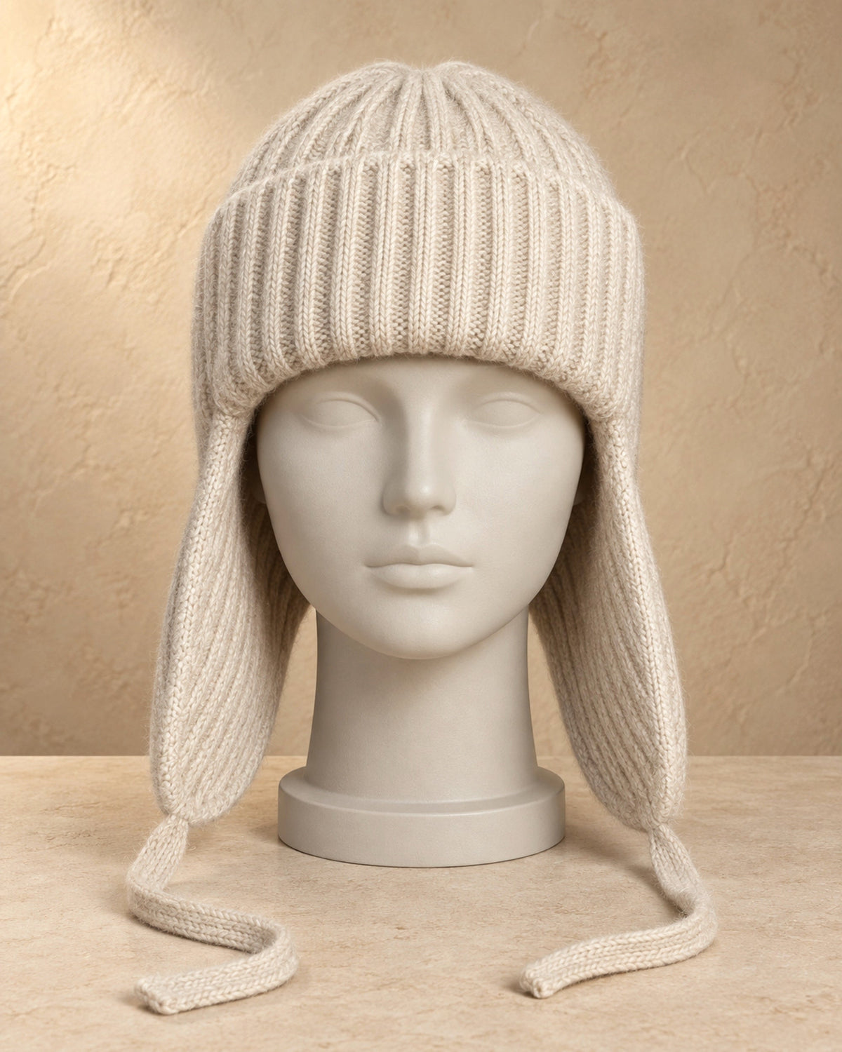 Ribbed Trapper Hat in Cashmere, Beige