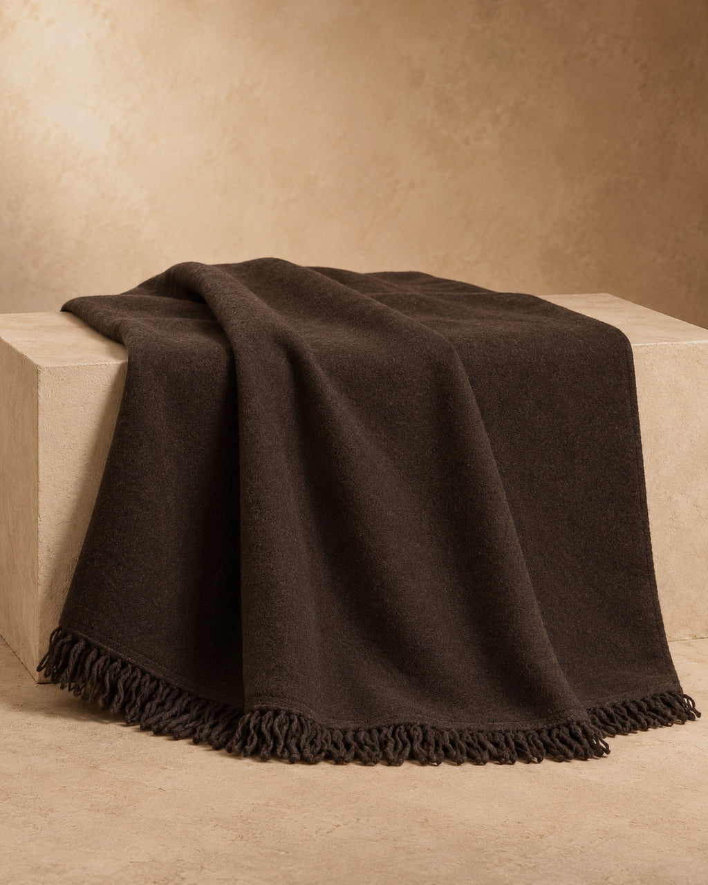 Yak Wool Throw with Fringe, Brown, drape view