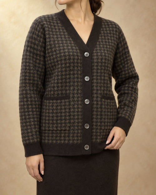 Houndstooth Button Cardigan in Yak Wool, Brown, 3q view