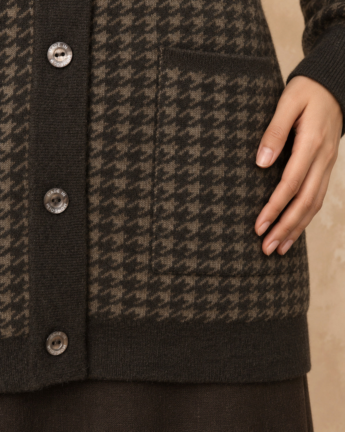 Houndstooth Button Cardigan in Yak Wool, Brown, detail view