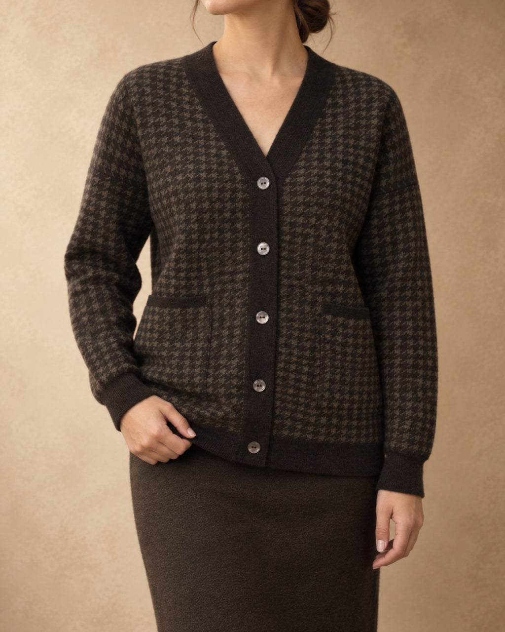 Houndstooth Button Cardigan in Yak Wool, Brown, front view