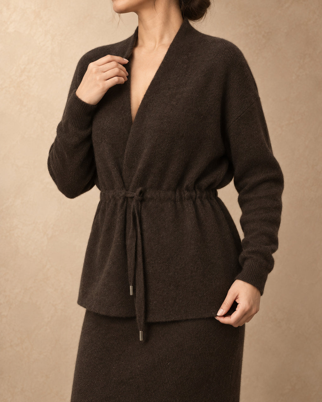 Drawstring-Waist Cardigan in Yak Wool, Brown, 3q view