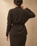 Drawstring-Waist Cardigan in Yak Wool, Brown, back view