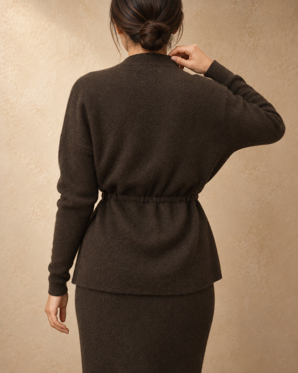 Drawstring-Waist Cardigan in Yak Wool, Brown, back view