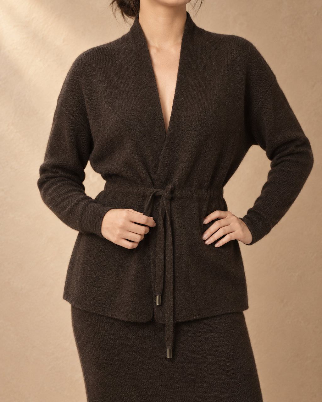 Drawstring-Waist Cardigan in Yak Wool, Brown, front view