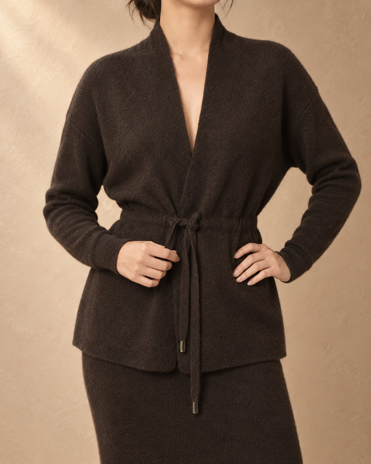Drawstring-Waist Cardigan in Yak Wool, Brown, front view
