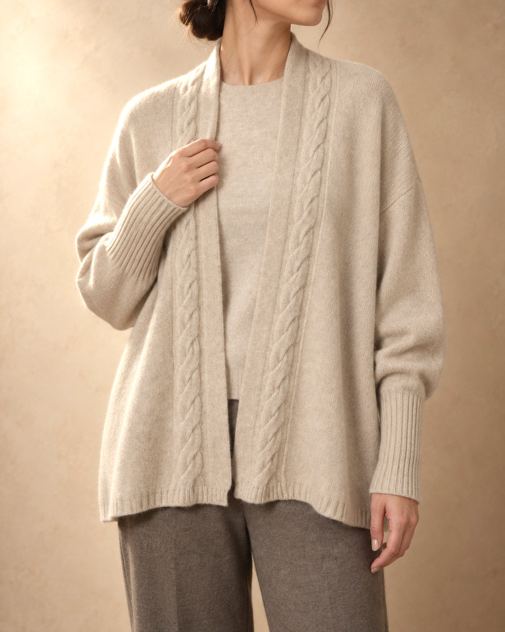 Open Cable-Edge Cardigan in Cashmere, Beige, 3q view