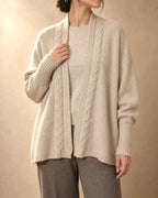 Open Cable-Edge Cardigan in Cashmere, Beige, 3q view
