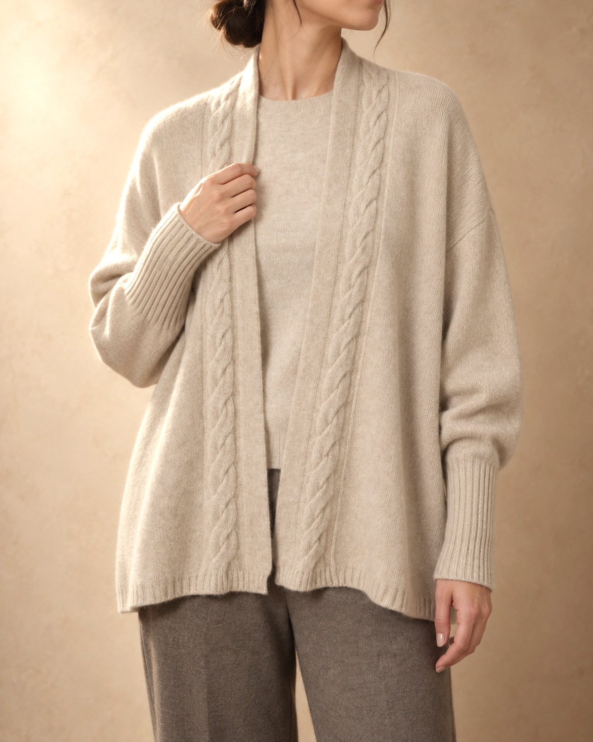 Open Cable-Edge Cardigan in Cashmere, Beige, 3q view
