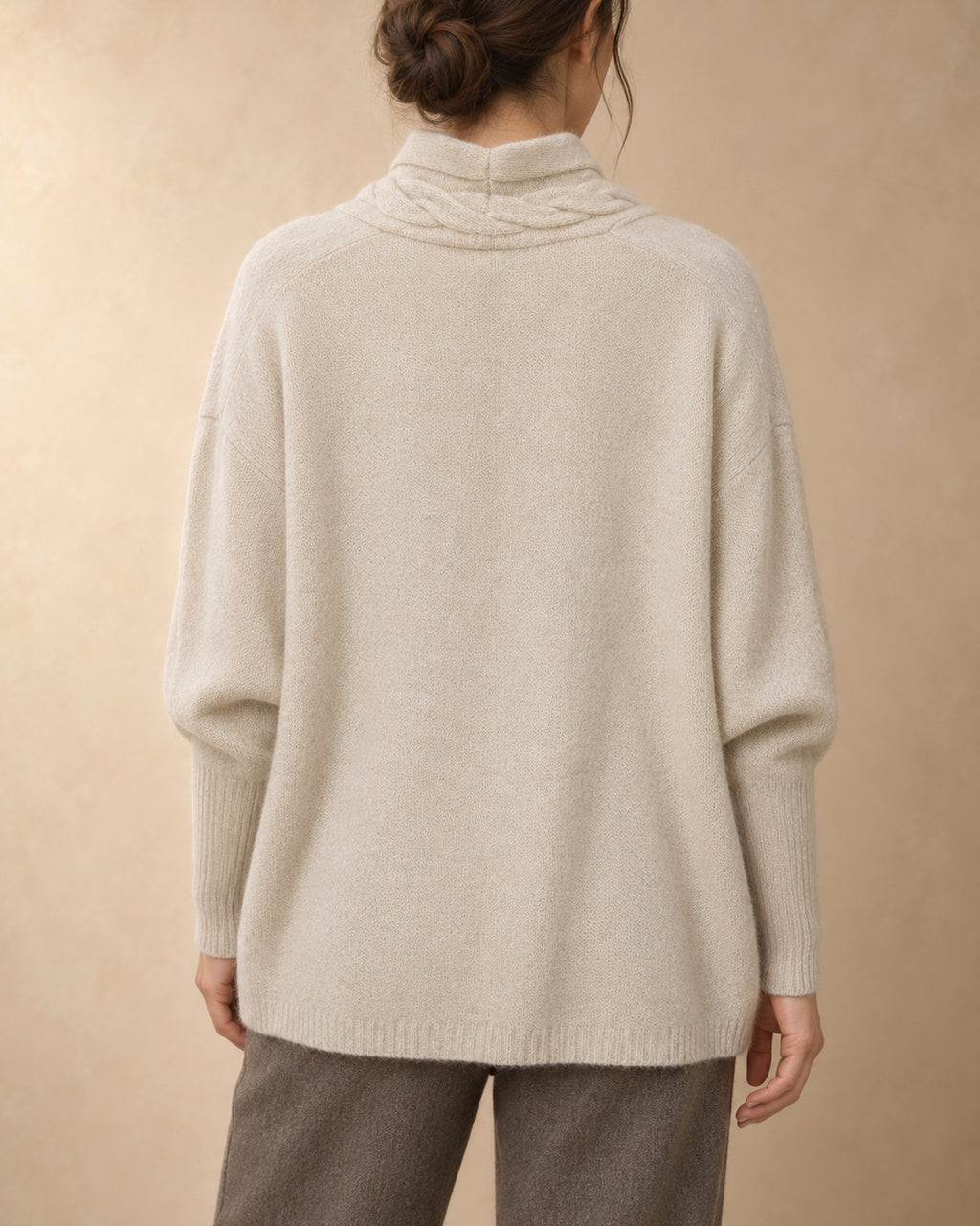 Open Cable-Edge Cardigan in Cashmere, Beige, back view
