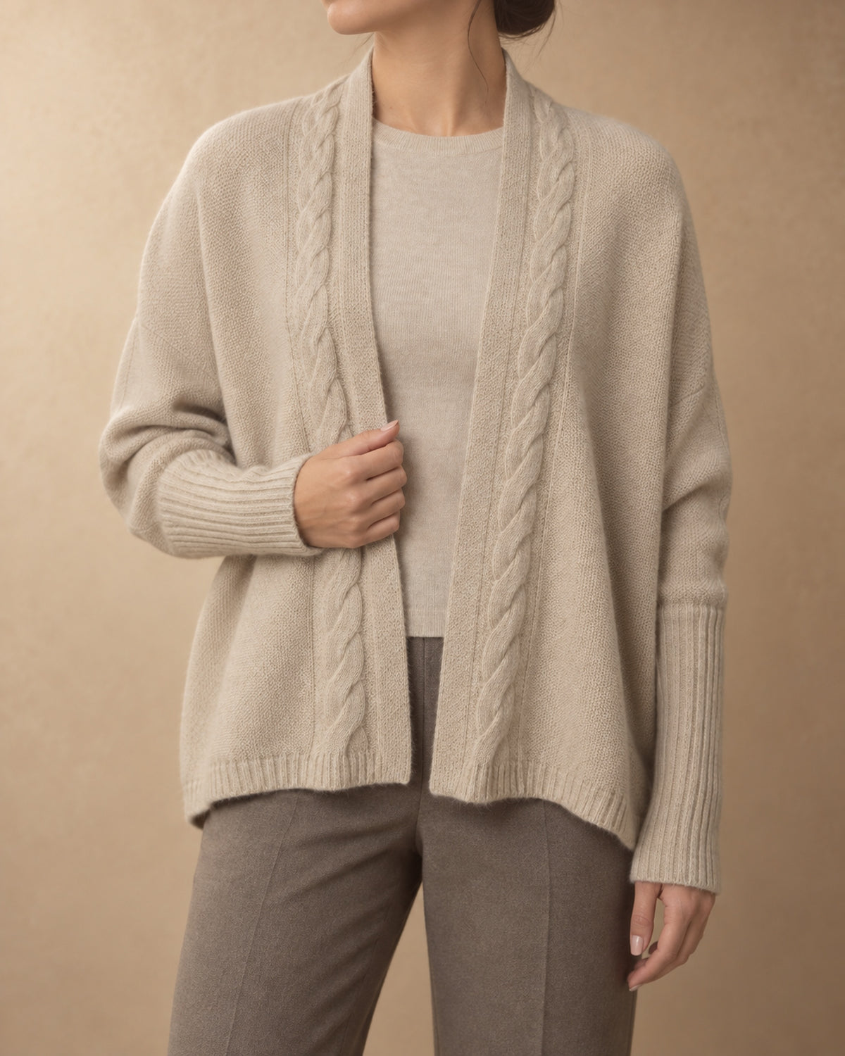 Open Cable-Edge Cardigan in Cashmere, Beige, front view