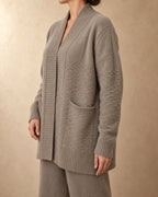 Shawl-Collar Cardigan with Cable Back in Cashmere, Beige, 3q view