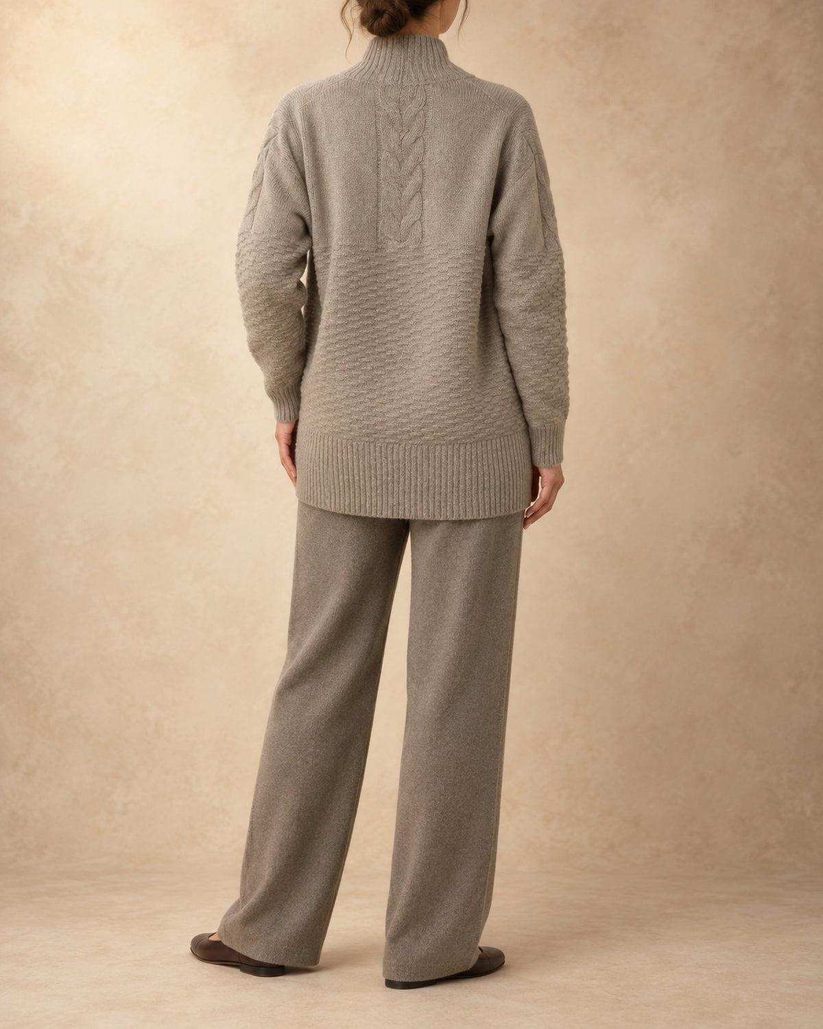 Shawl-Collar Cardigan with Cable Back in Cashmere, Beige, back view