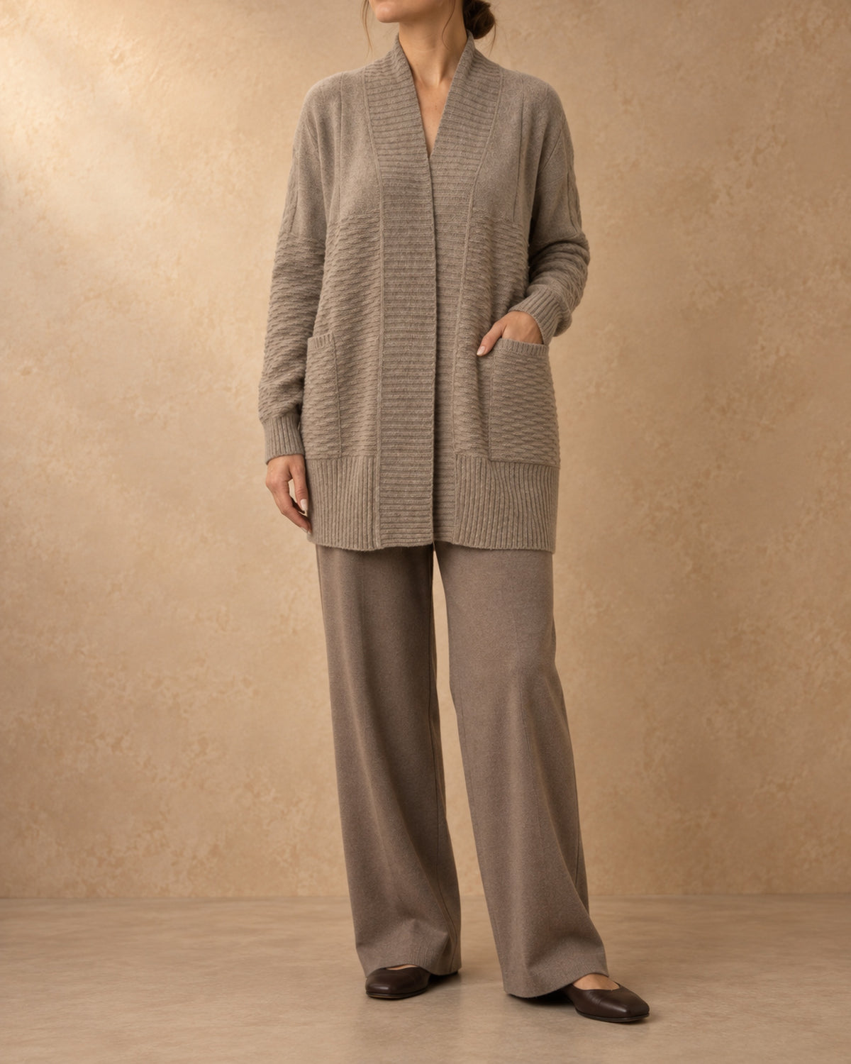 Shawl-Collar Cardigan with Cable Back in Cashmere, Beige, front view