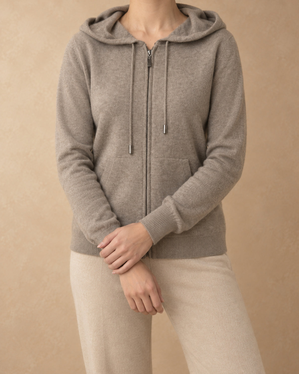 Zip Hoodie in Cashmere, Grey, front view