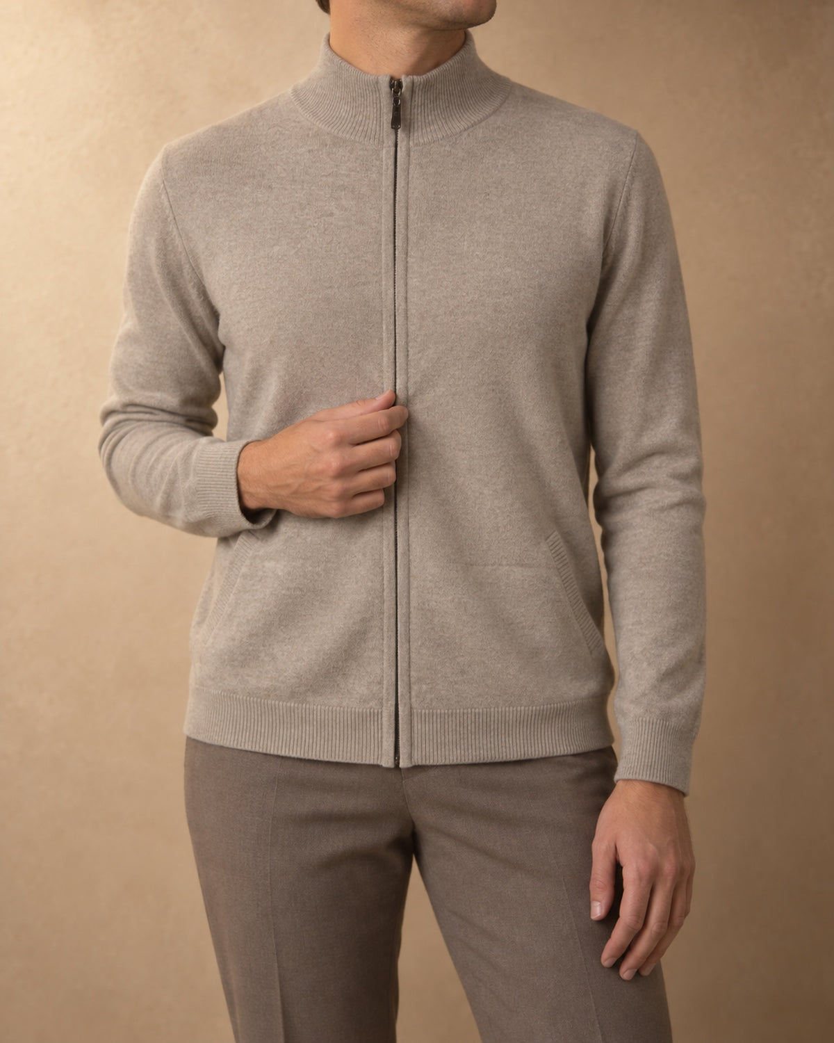 Men's Zip Cardigan in Cashmere, Grey-beige, front view