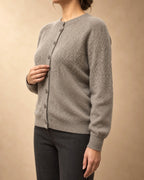 Openwork Yoke Button Cardigan in Cashmere, Grey, 3q view