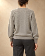 Openwork Yoke Button Cardigan in Cashmere, Grey, back view
