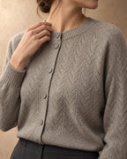 Openwork Yoke Button Cardigan in Cashmere, Grey, detail view