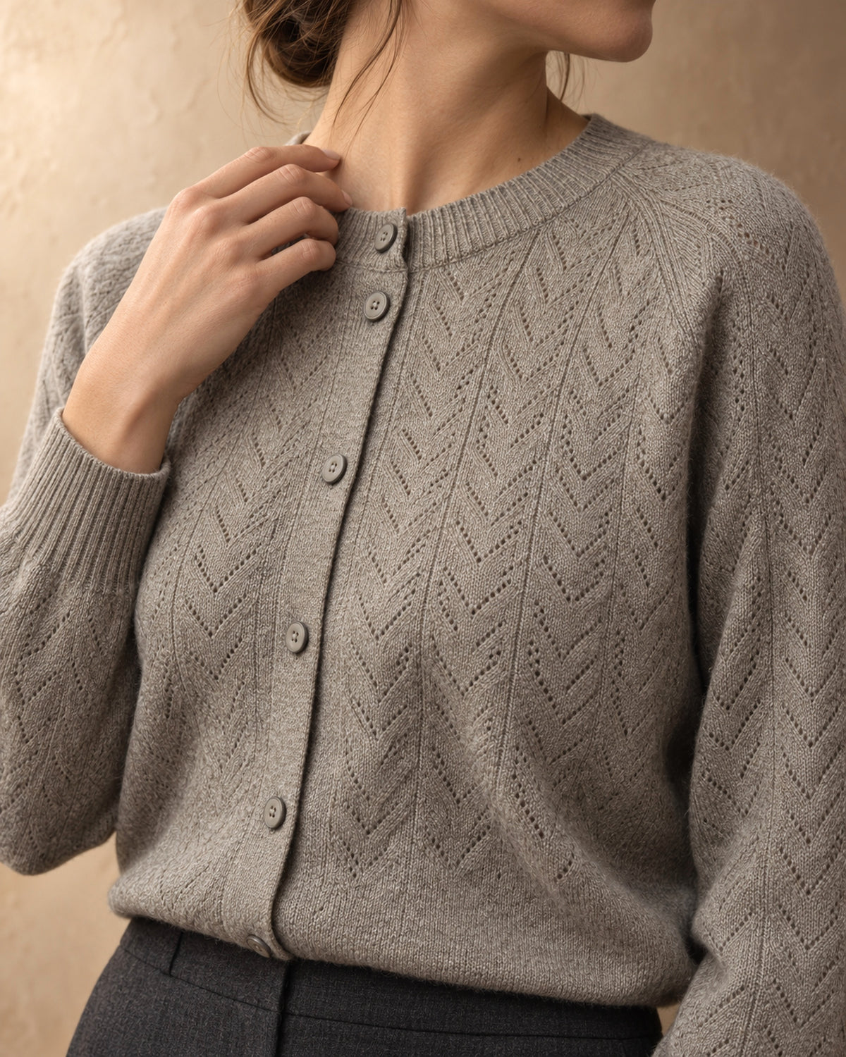 Openwork Yoke Button Cardigan in Cashmere, Grey, detail view