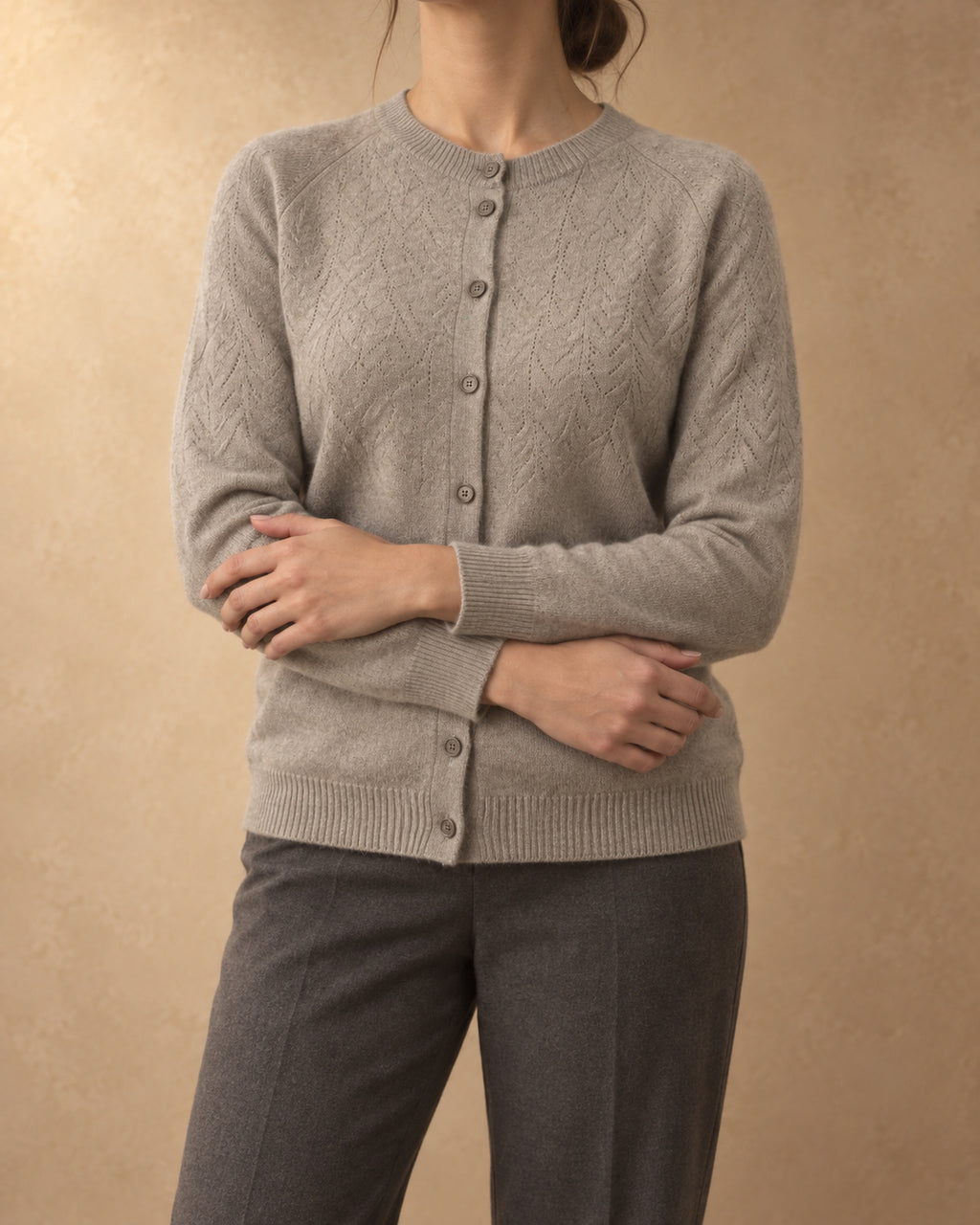 Openwork Yoke Button Cardigan in Cashmere, Grey, front view