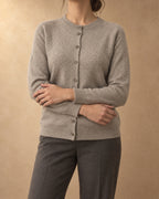 Openwork Yoke Button Cardigan in Cashmere, Grey, front view