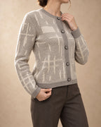 Patterned Button Cardigan in Cashmere, Beige, 3q view