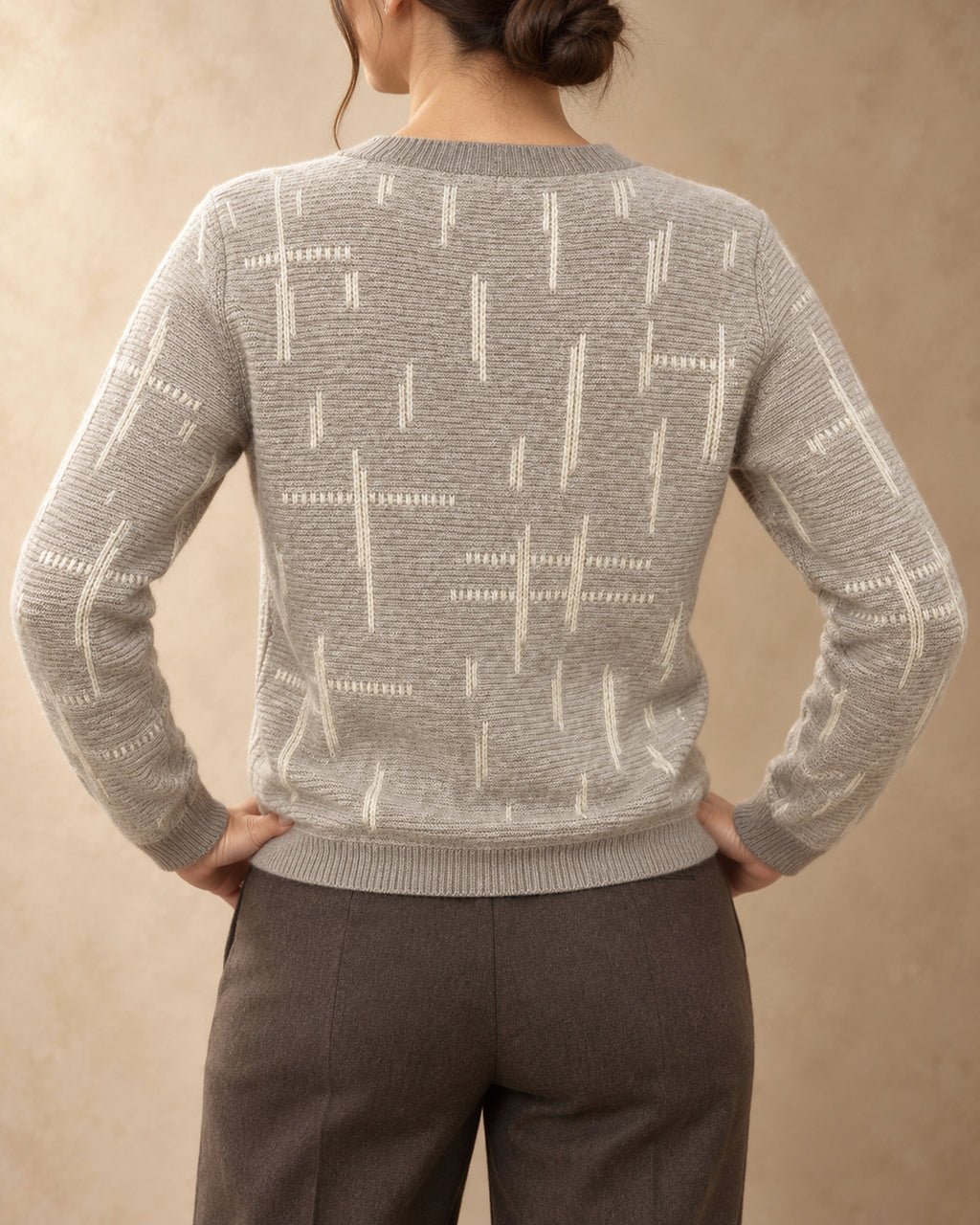 Patterned Button Cardigan in Cashmere, Beige, back view