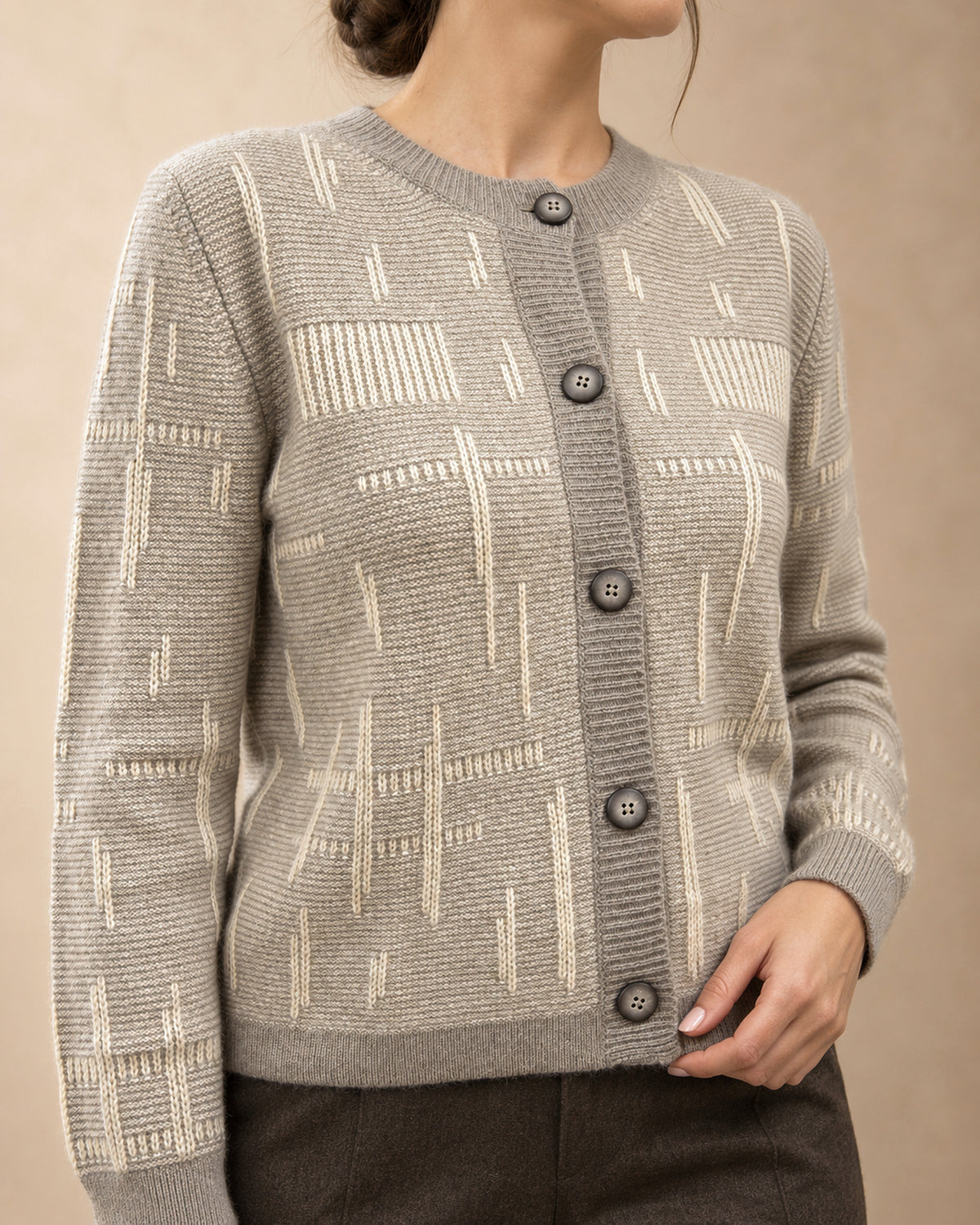 Patterned Button Cardigan in Cashmere, Beige, detail view