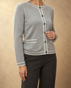 Piped Button Cardigan in Cashmere, Light grey, 3q view