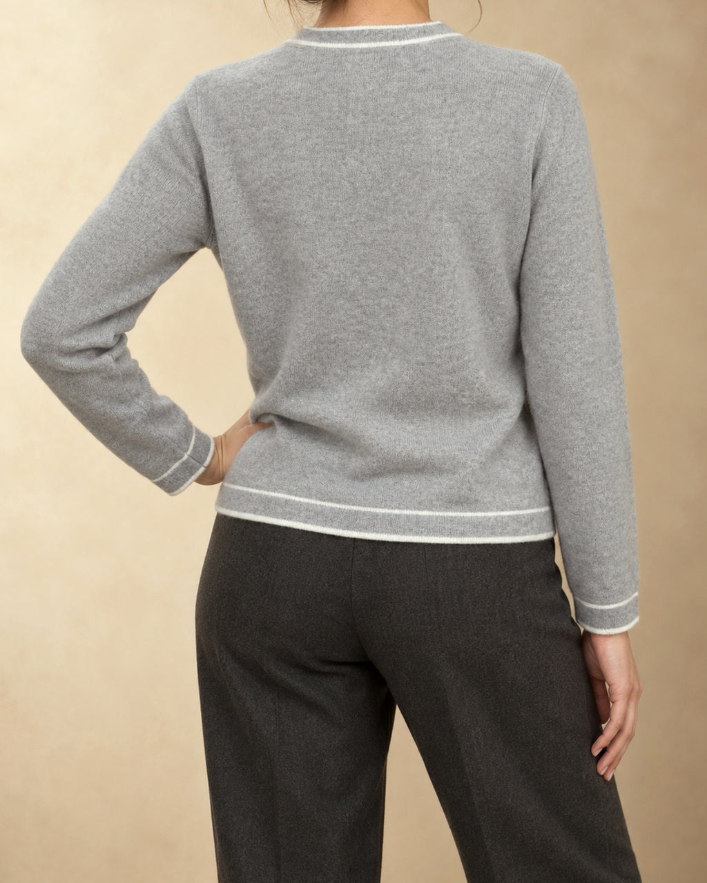 Piped Button Cardigan in Cashmere, Light grey, back view