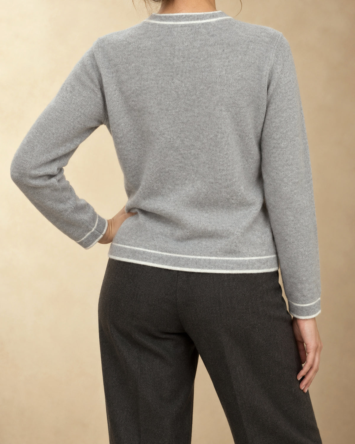 Piped Button Cardigan in Cashmere, Light grey, back view