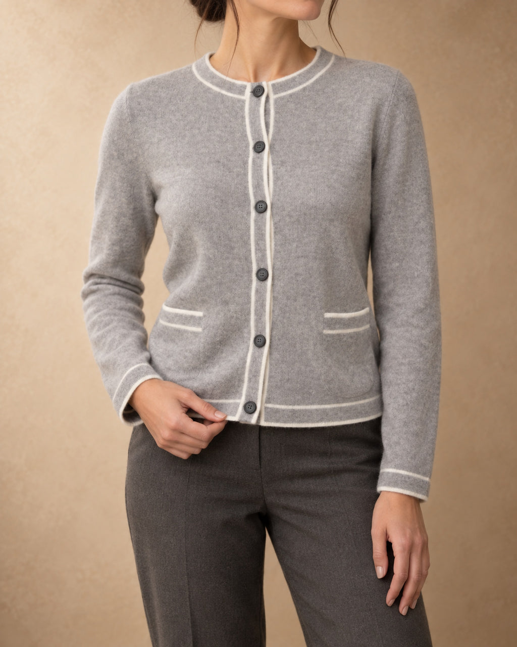 Piped Button Cardigan in Cashmere, Light grey, front view