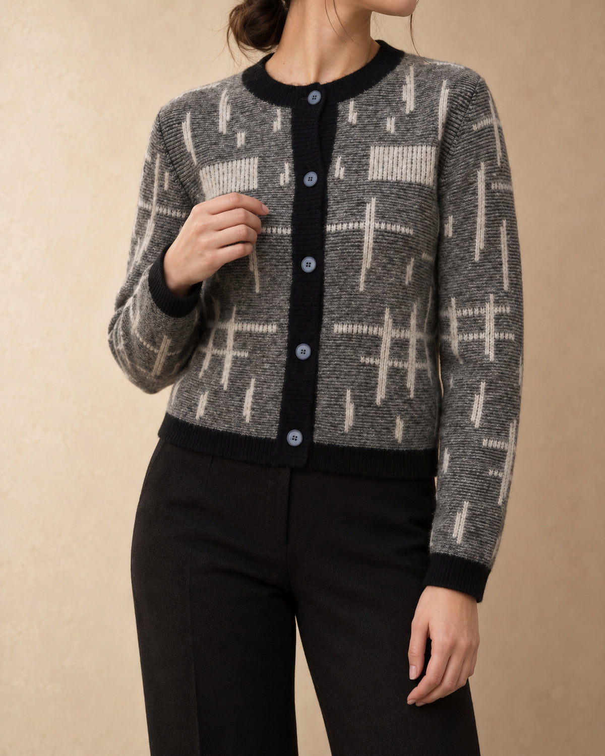 Short Patterned Cardigan in Cashmere, Grey, 3q view