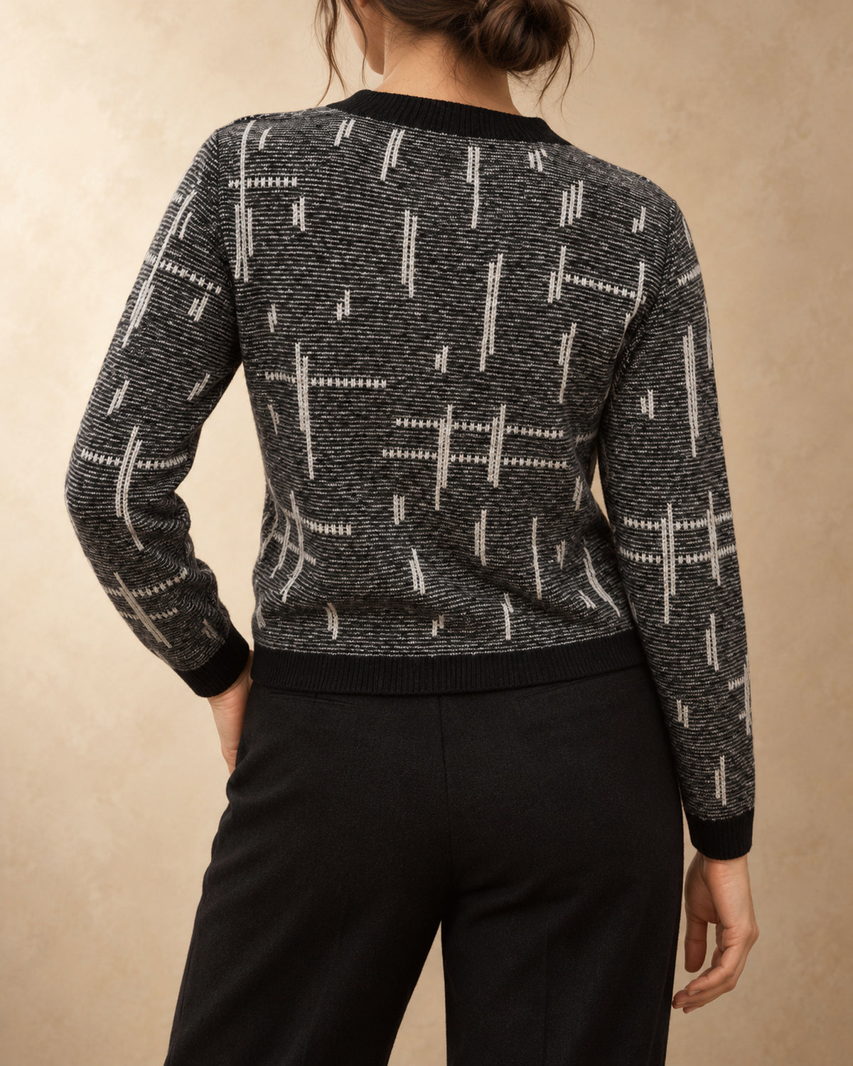 Short Patterned Cardigan in Cashmere, Grey, back view