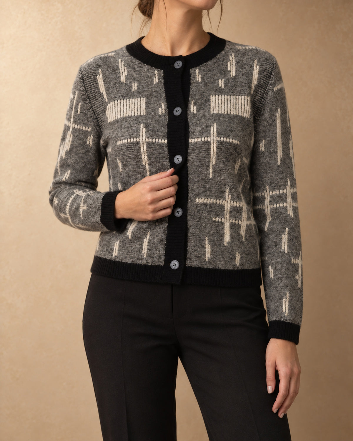 Short Patterned Cardigan in Cashmere, Grey, front view