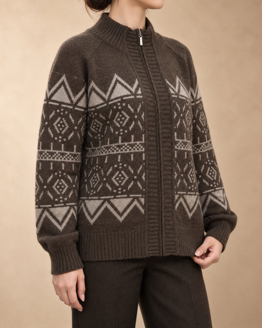 Zip Cardigan with Geometric Pattern in Yak Wool, Brown, 3q view