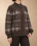 Zip Cardigan with Geometric Pattern in Yak Wool, Brown, 3q view