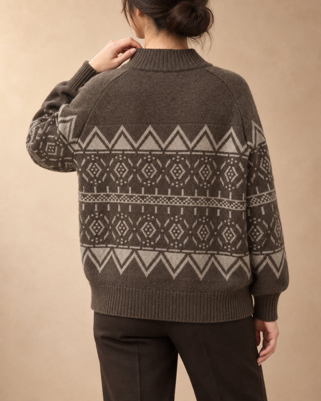 Zip Cardigan with Geometric Pattern in Yak Wool, Brown, back view