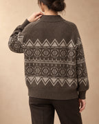 Zip Cardigan with Geometric Pattern in Yak Wool, Brown, back view