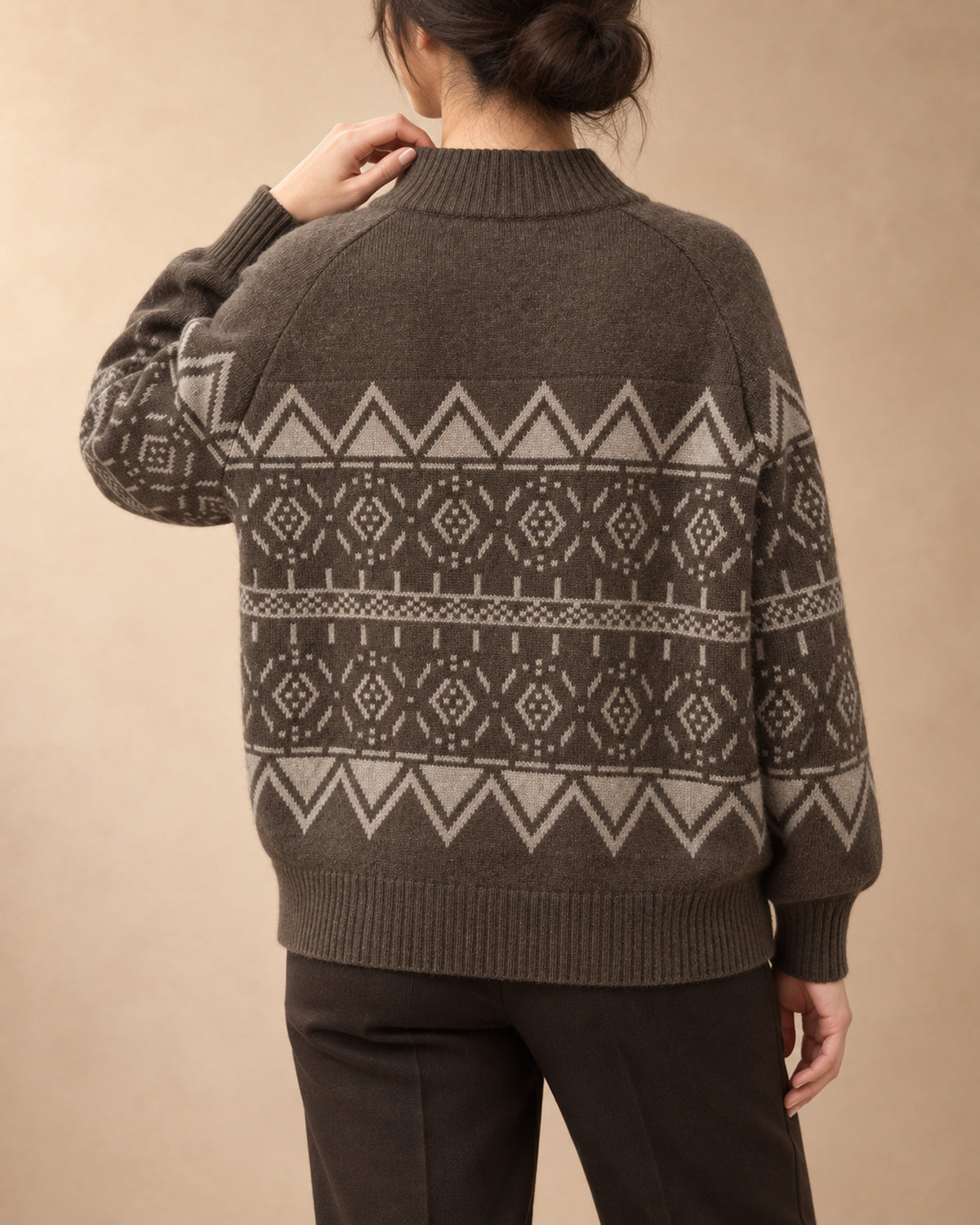 Zip Cardigan with Geometric Pattern in Yak Wool, Brown, back view