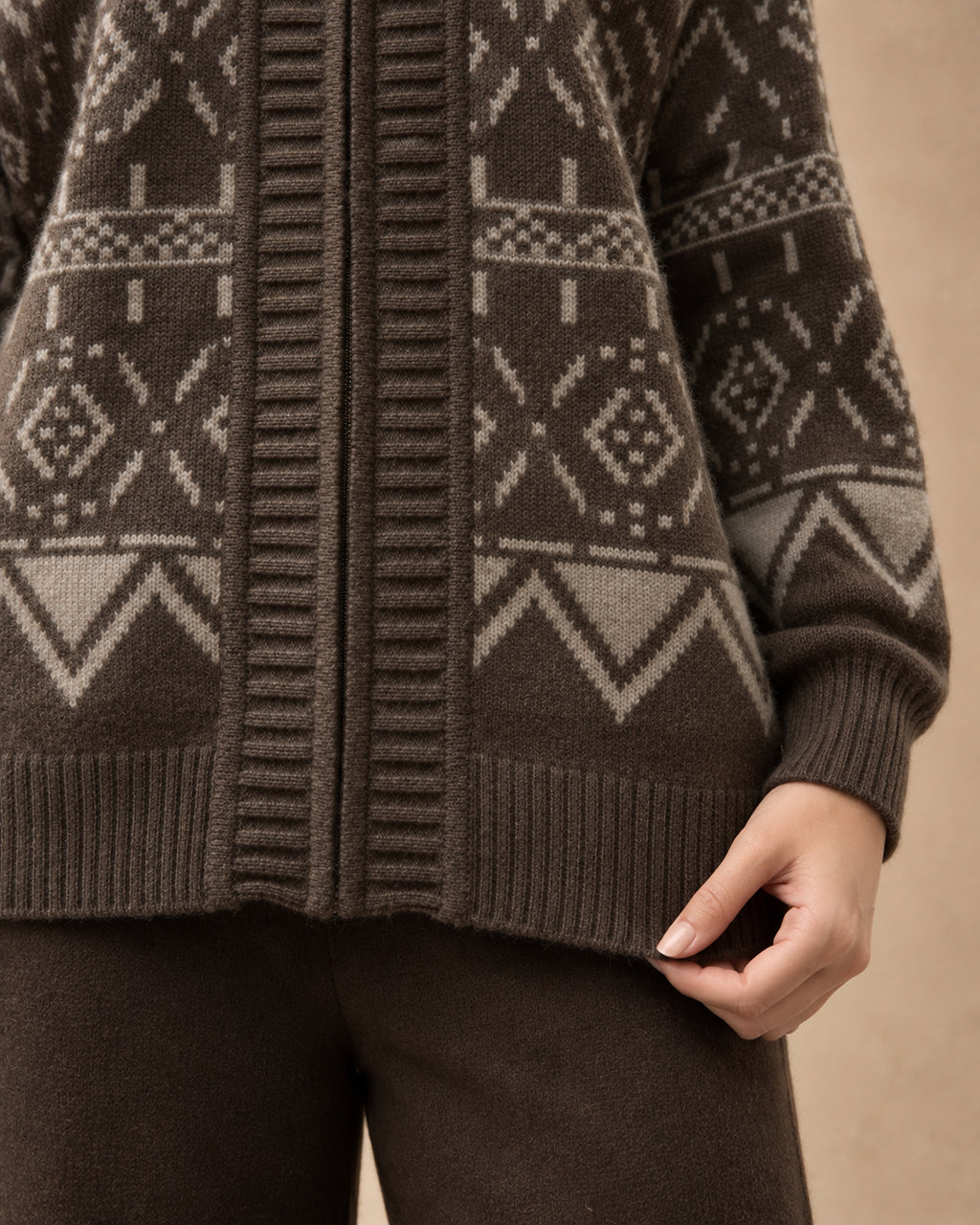 Zip Cardigan with Geometric Pattern in Yak Wool, Brown, detail view