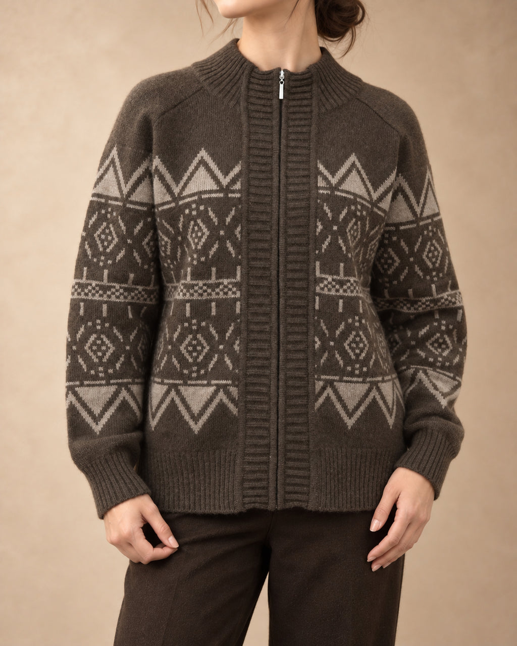 Zip Cardigan with Geometric Pattern in Yak Wool, Brown, front view