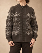 Zip Cardigan with Geometric Pattern in Yak Wool, Brown, front view