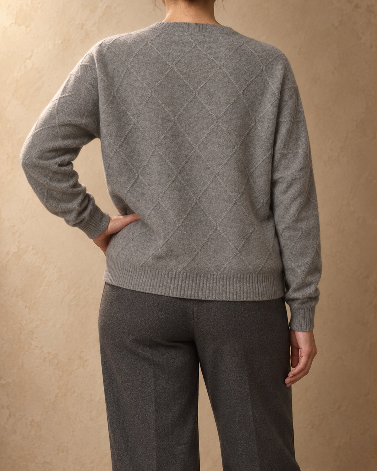 Linden Cashmere Diamond-Knit Cardigan, Grey, back view