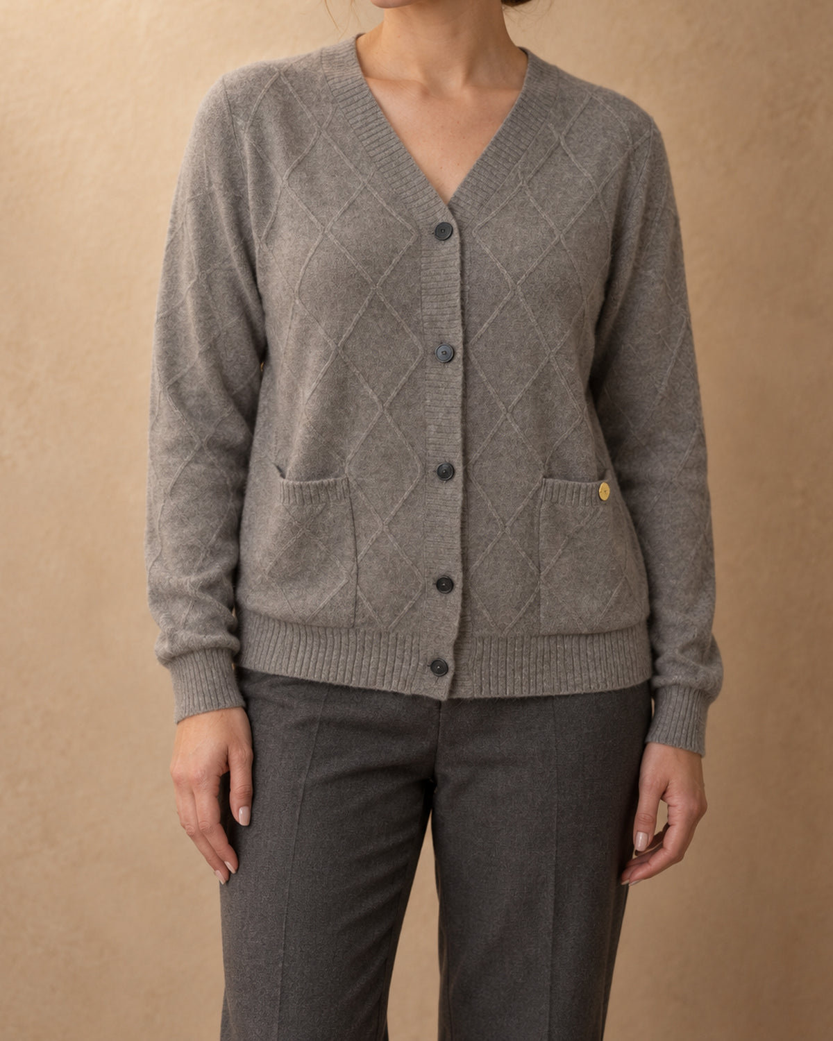 Linden Cashmere Diamond-Knit Cardigan, Grey, front view