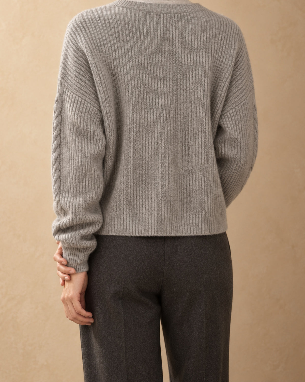 Beech Cashmere Cable-Trim Cardigan, Grey, back view