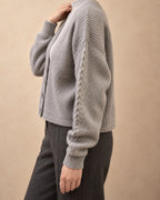 Beech Cashmere Cable-Trim Cardigan, Grey, detail view