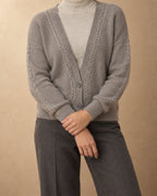 Beech Cashmere Cable-Trim Cardigan, Grey, front view