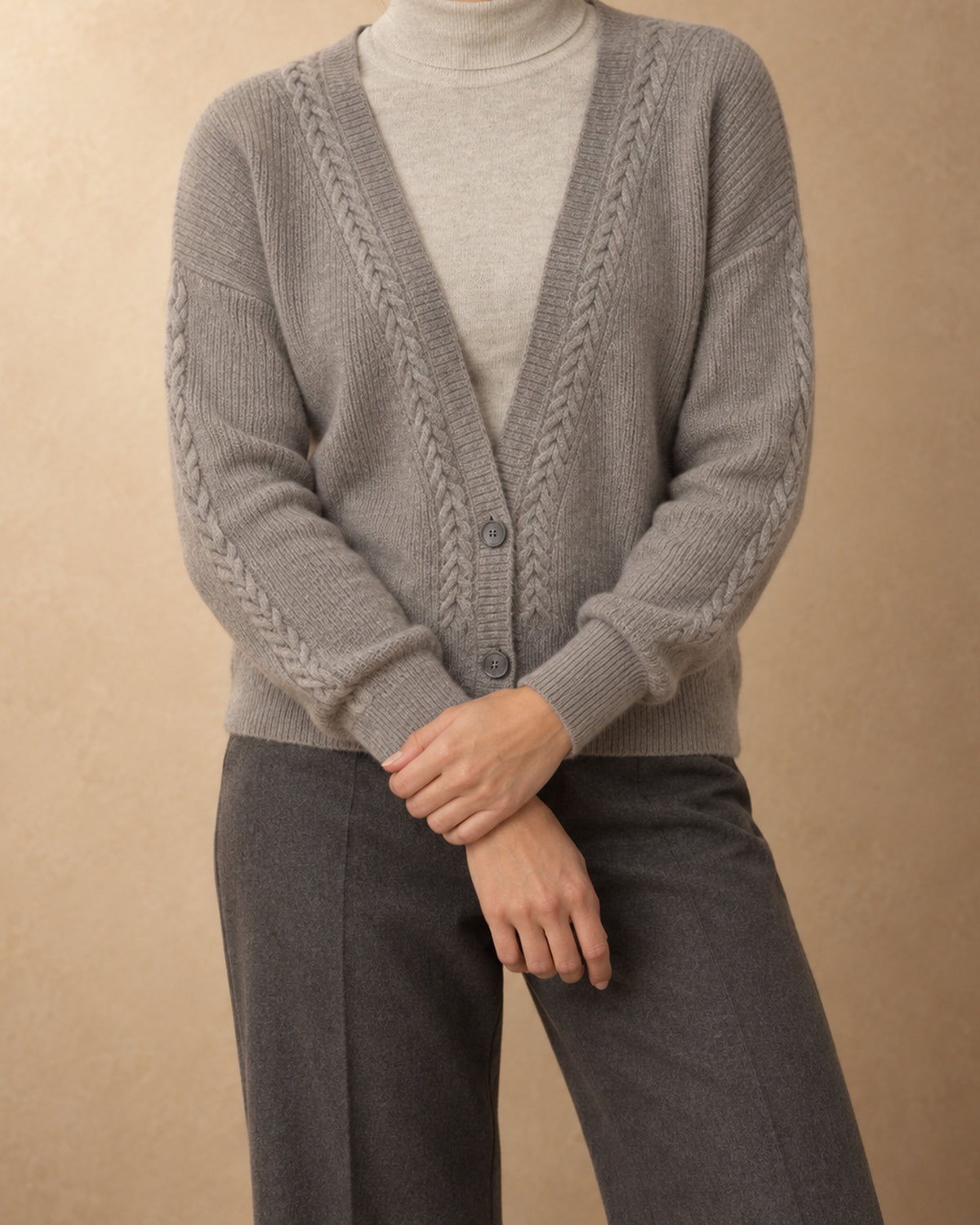 Beech Cashmere Cable-Trim Cardigan, Grey, front view